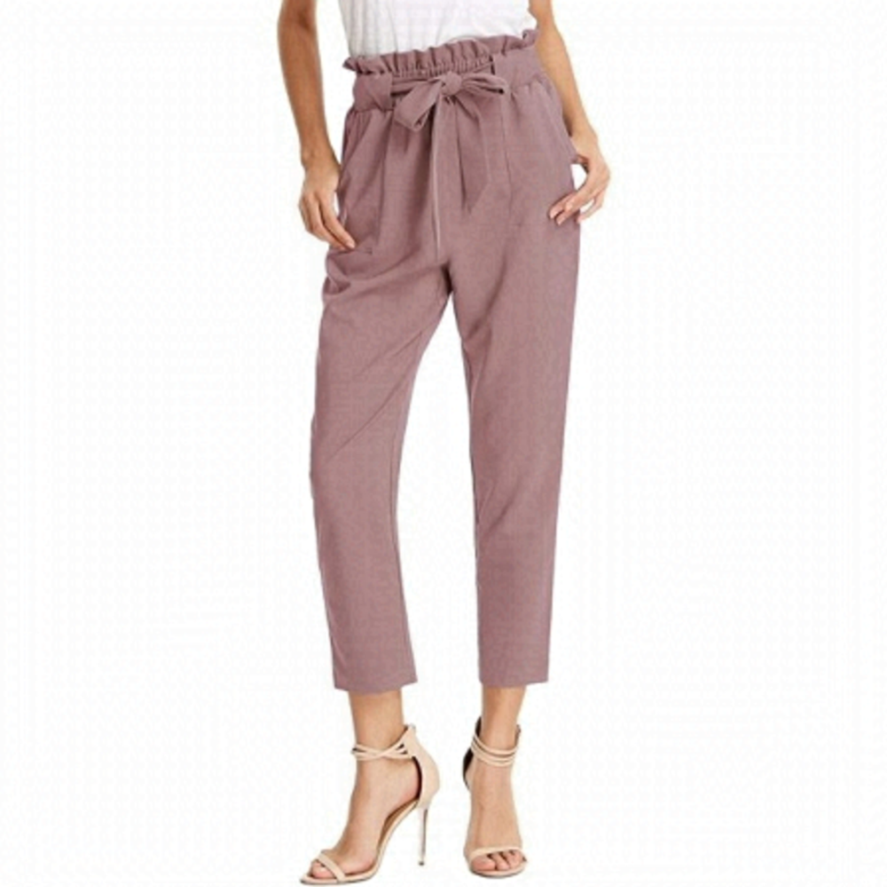 Straight Leg Pants | Beige | Ruffle Waist | Ribbon  Tie | Deep Pockets | Size XS